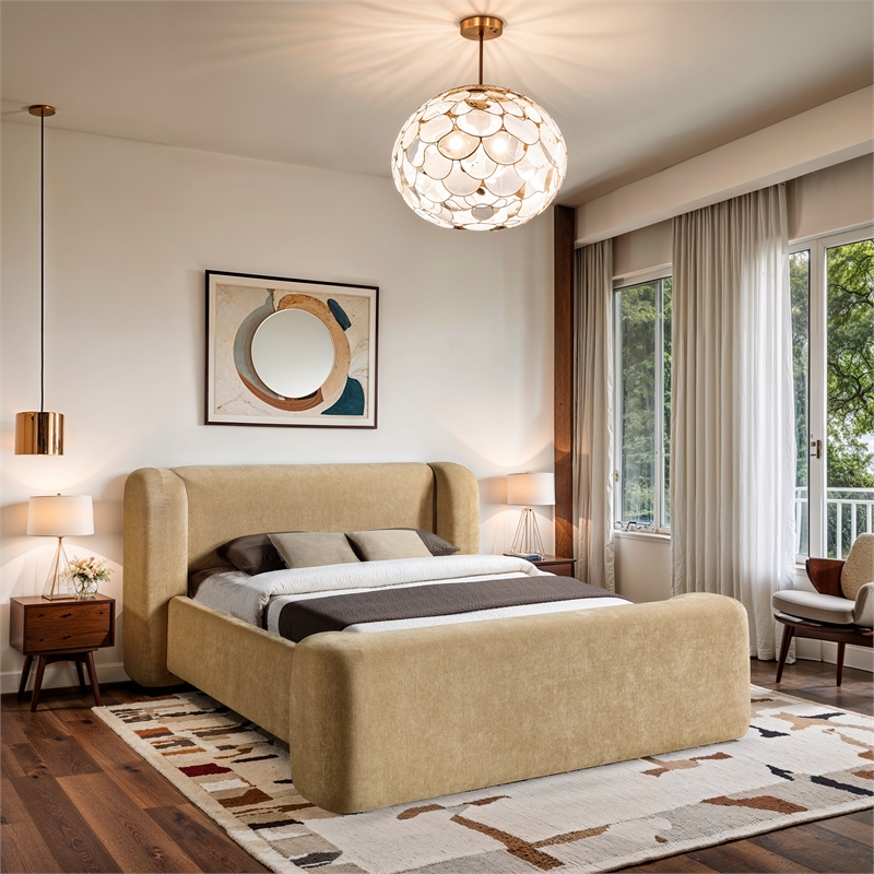 Meridian Furniture Modena Beige Chenille Fabric Upholstered Queen Bed