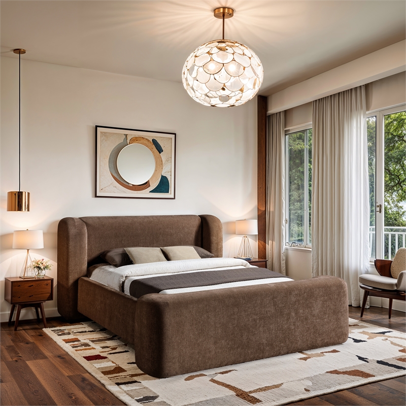 Meridian Furniture Modena Brown Chenille Fabric Upholstered Queen Bed