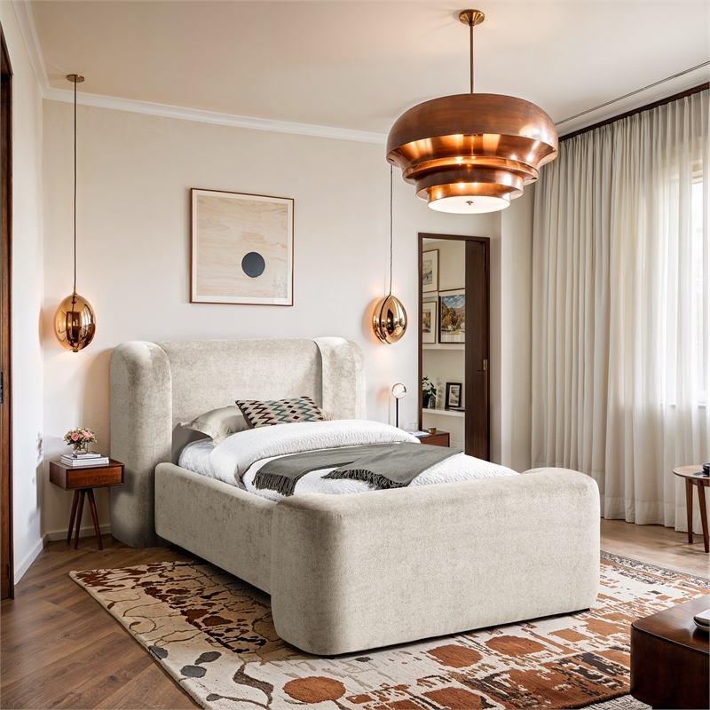 Meridian Furniture Modena Cream Chenille Fabric Upholstered Twin Bed