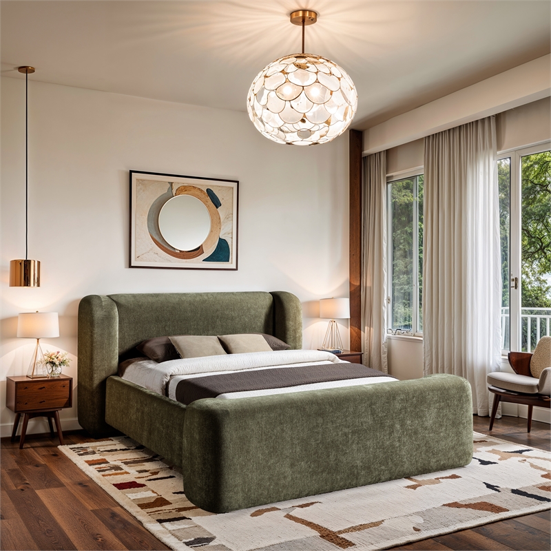 Meridian Furniture Modena Green Chenille Fabric Upholstered Queen Bed