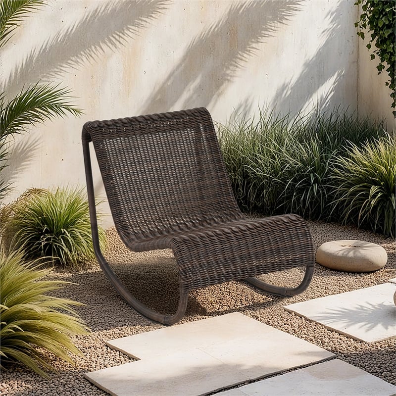 Meridian Furniture Antigua Brown Wicker And Steel Outdoor Patio Rocker