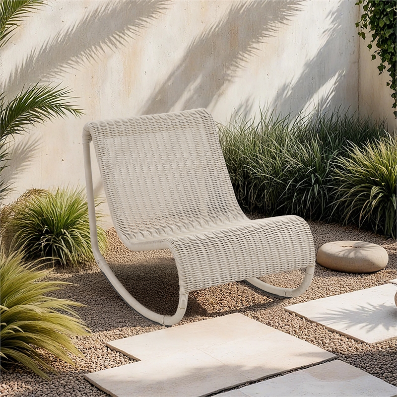 Meridian Furniture Antigua Cream Wicker And Steel Outdoor Patio Rocker