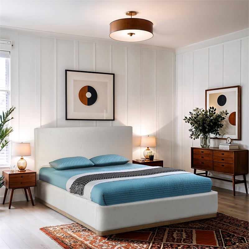 Meridian Furniture Bennet Cream Linen Textured Fabric Queen Bed