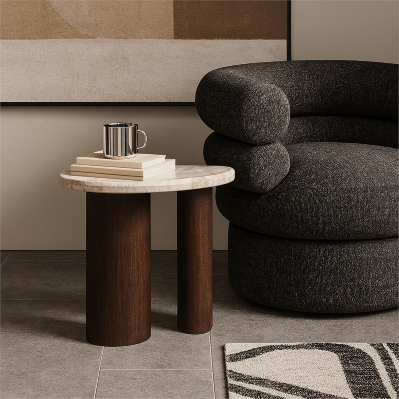 Meridian Furniture Puglia Cream Marble Top And Oak Wood Base End Table