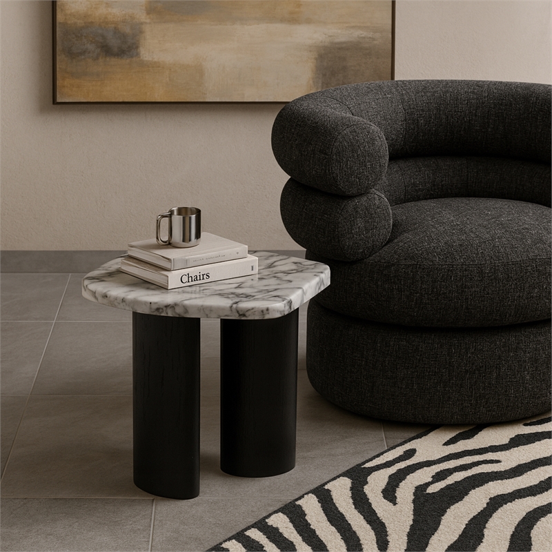 Meridian Furniture Puglia White Marble Top And Oak Wood Base End Table