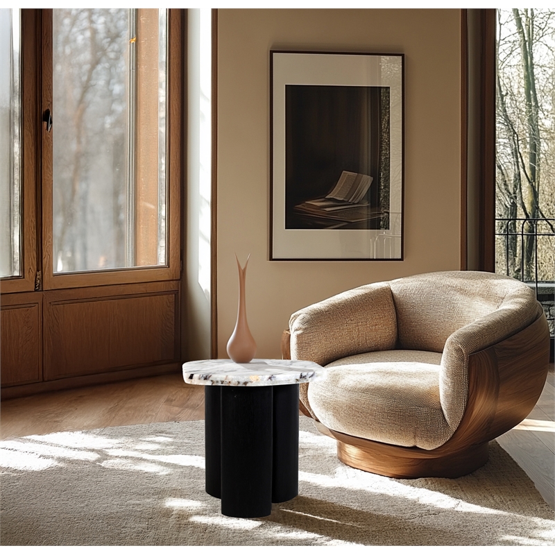 Meridian Furniture Puglia White Marble Top And Oak Wood Base End Table