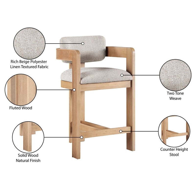 Meridian Furniture Sacha Beige Linen Textured Fabric Upholstered Counter Stool