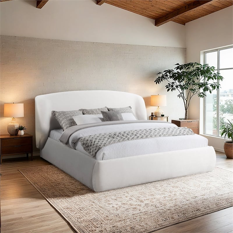 Meridian Furniture Sandro Cream Chenille Fabric Upholstered Queen Bed