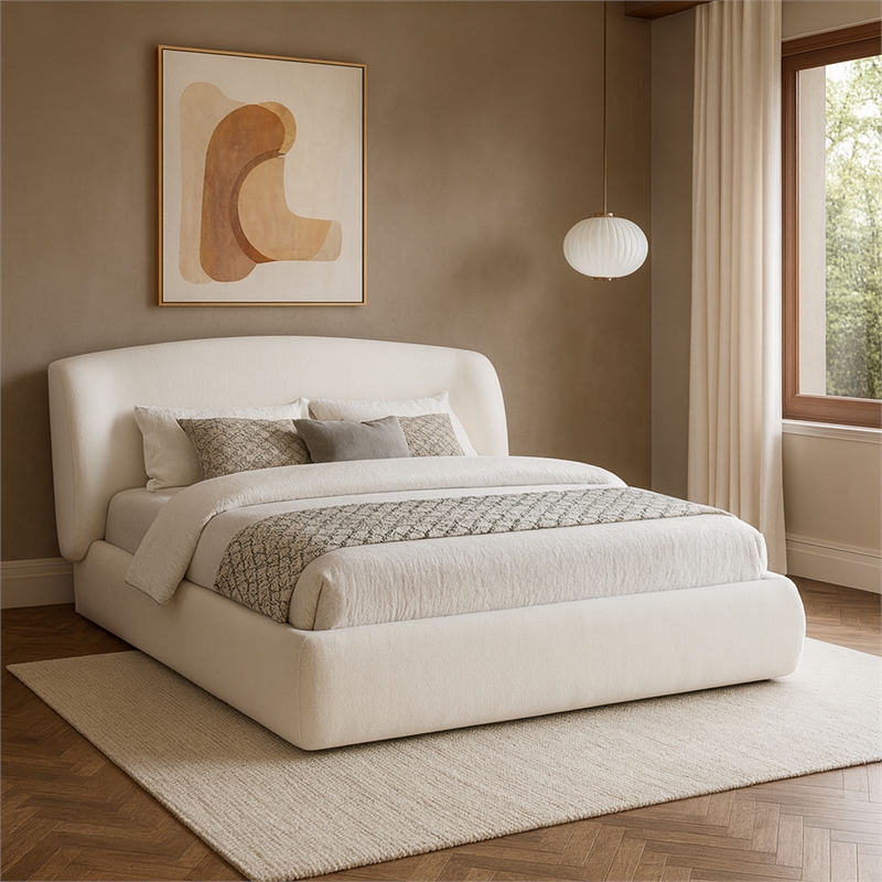 Meridian Furniture Sandro Cream Chenille Fabric Upholstered Queen Bed