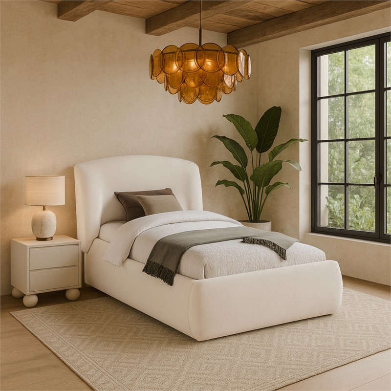 Meridian Furniture Sandro Cream Chenille Fabric Upholstered Twin Bed
