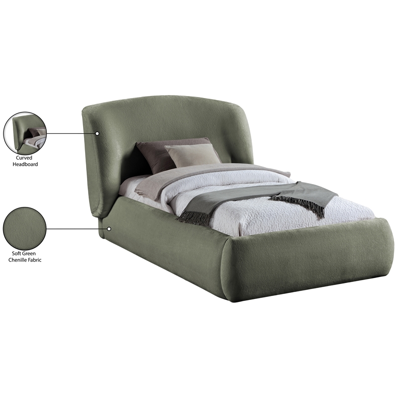 Meridian Furniture Sandro Green Chenille Fabric Upholstered Twin Bed