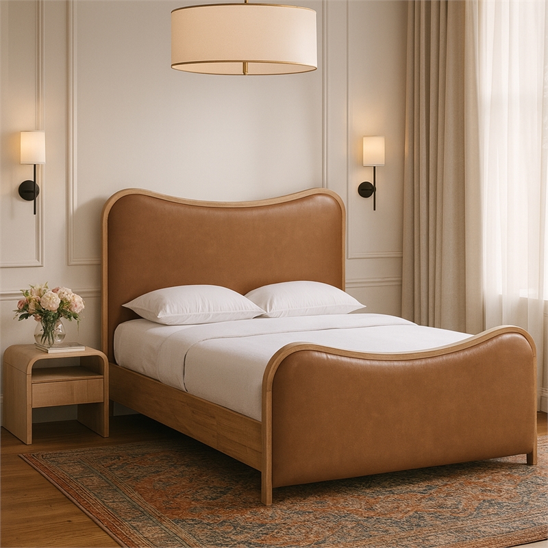 Meridian Furniture Arvada Cognac Vegan Leather Upholstered Queen Bed