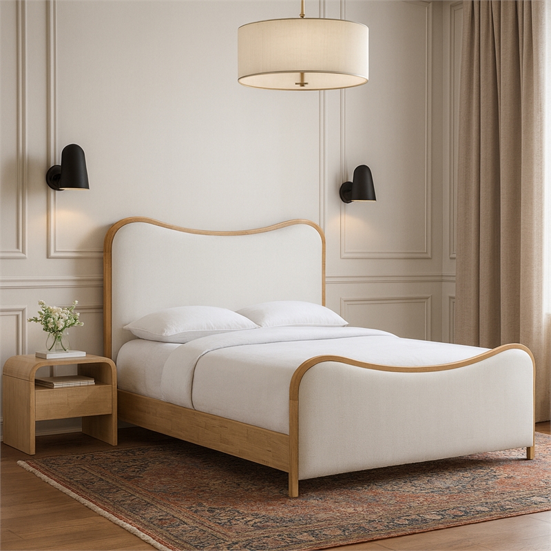 Meridian Furniture Arvada Cream Linen Textured Fabric Upholstered Queen Bed