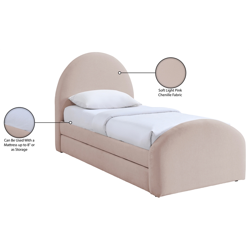 Meridian Furniture Andaz Pink Chenille Fabric Upholstered Twin Trundle Bed