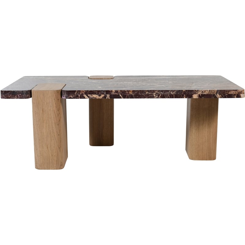 Meridian Furniture Ravenna Burgundy Marble Top And Oak Wood Base Coffee Table