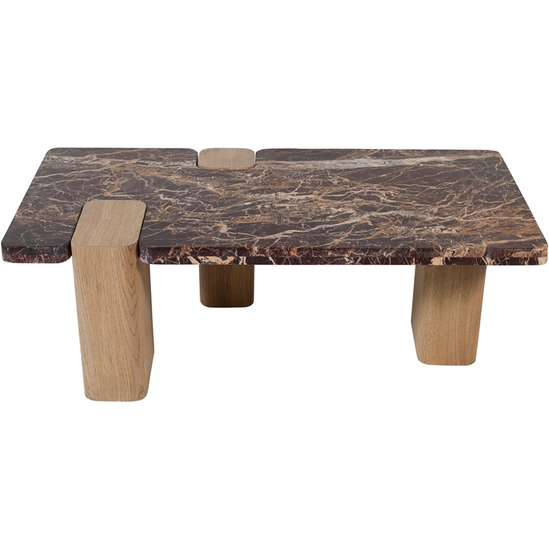 Meridian Furniture Ravenna Burgundy Marble Top And Oak Wood Base Coffee Table