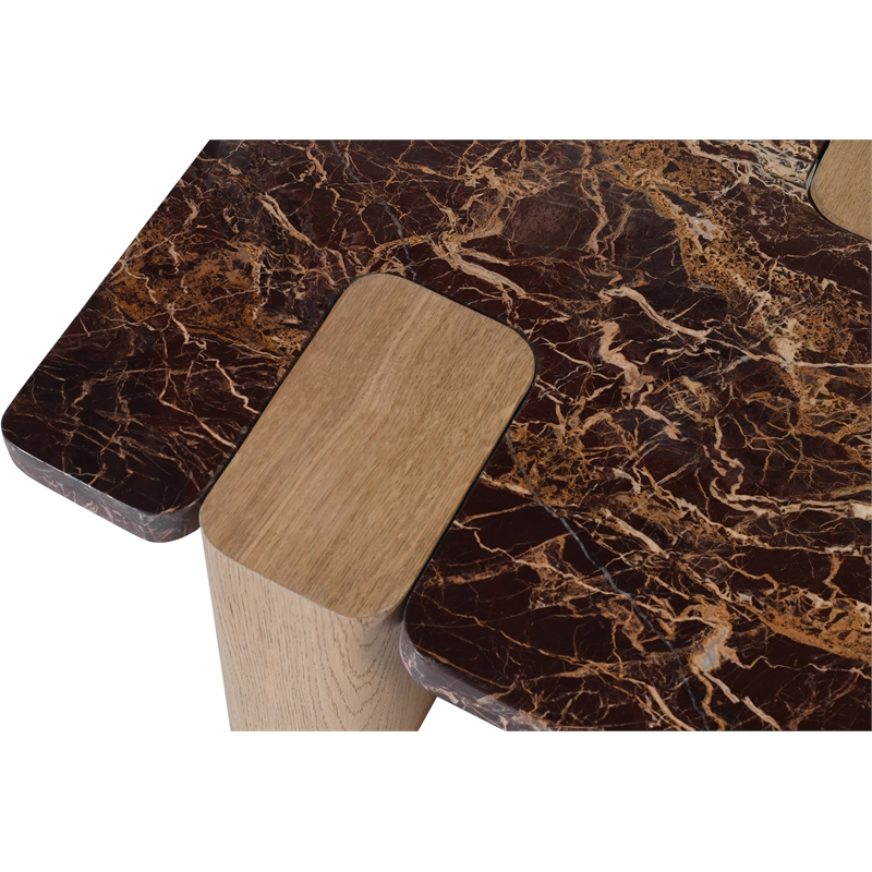 Meridian Furniture Ravenna Burgundy Marble Top And Oak Wood Base Coffee Table