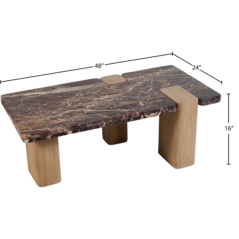 Meridian Furniture Ravenna Burgundy Marble Top And Oak Wood Base Coffee Table