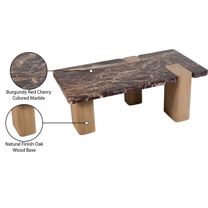 Meridian Furniture Ravenna Burgundy Marble Top And Oak Wood Base Coffee Table