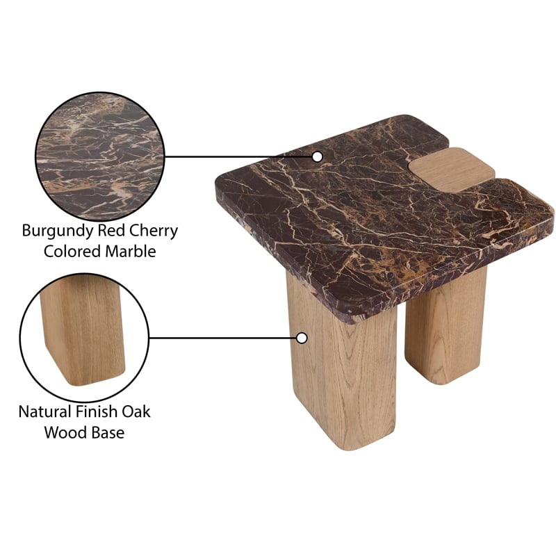 Meridian Furniture Ravenna Burgundy Marble Top And Oak Wood Base End Table
