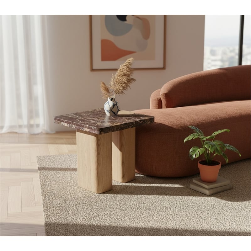 Meridian Furniture Ravenna Burgundy Marble Top And Oak Wood Base End Table