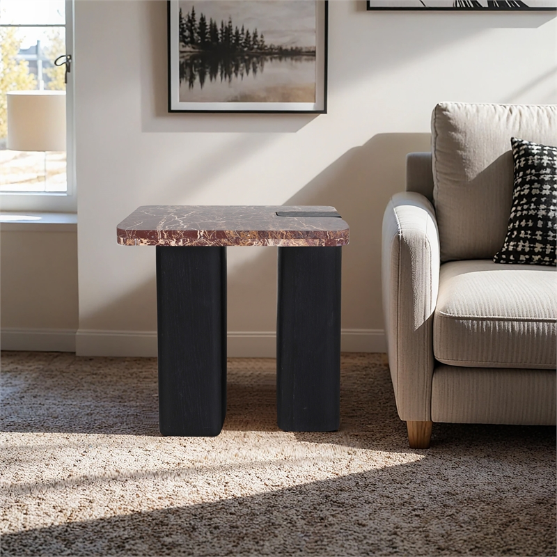 Meridian Furniture Ravenna Burgundy Marble Top And Oak Wood Base End Table
