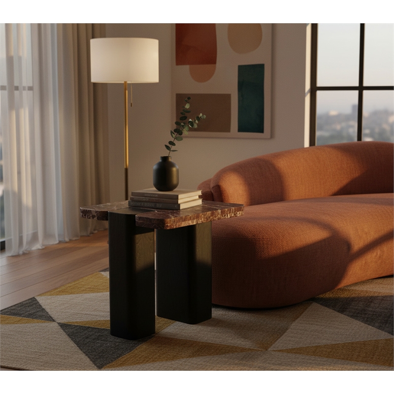 Meridian Furniture Ravenna Burgundy Marble Top And Oak Wood Base End Table