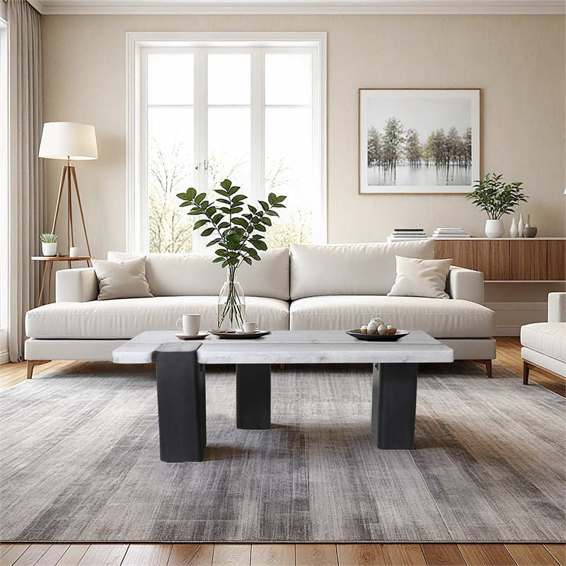 Meridian Furniture Ravenna Panda Marble Top And Oak Wood Base Coffee Table