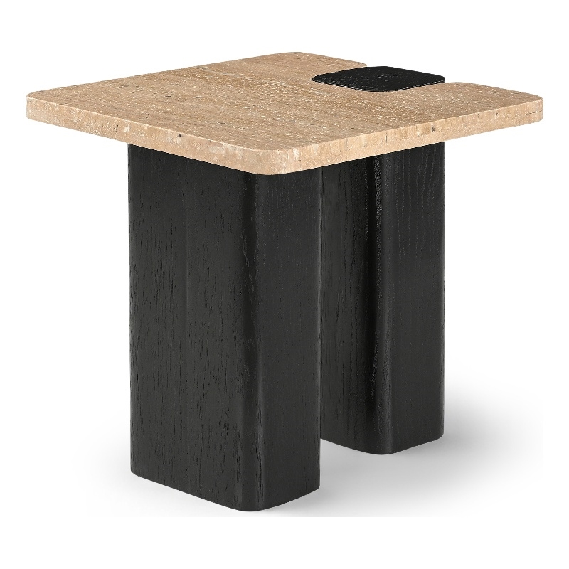 Meridian Furniture Ravenna Beige Travertine Top And Oak Wood Base End Table