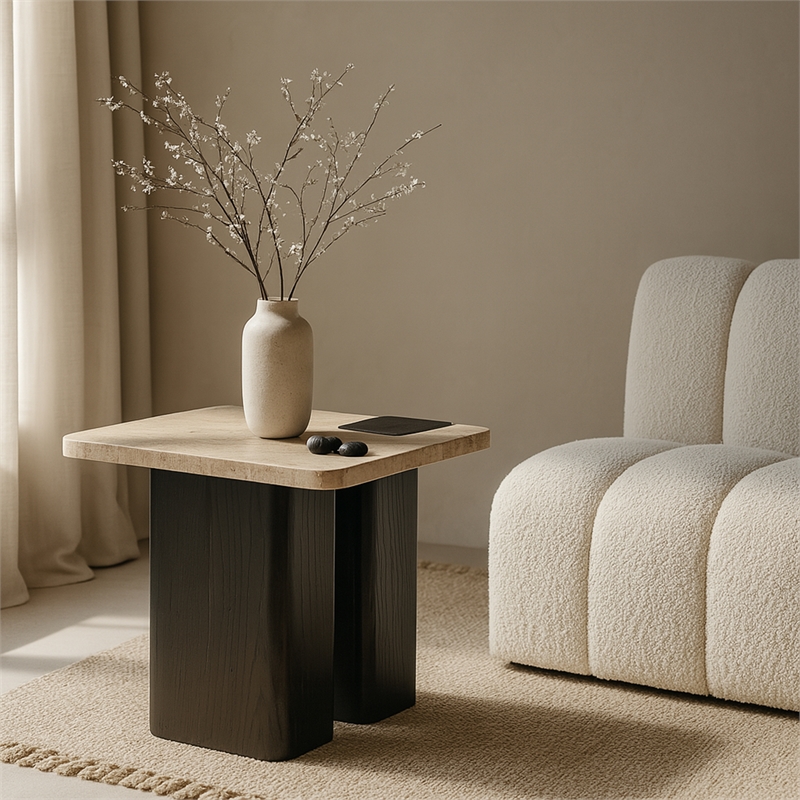 Meridian Furniture Ravenna Beige Travertine Top And Oak Wood Base End Table