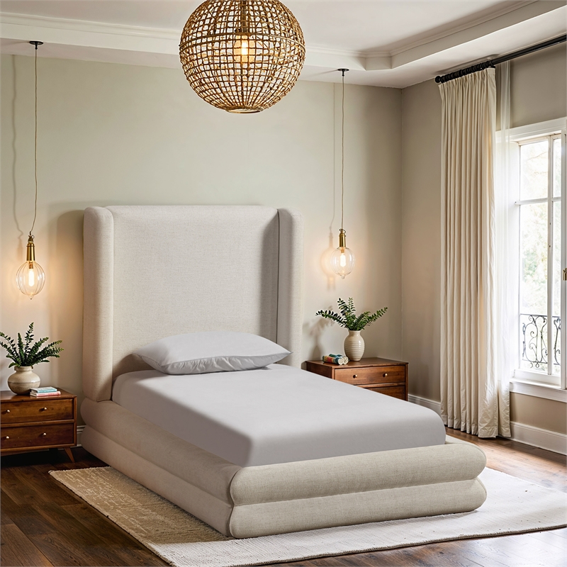 Meridian Furniture Chandra Cream Linen Textured Fabric Upholstered Twin Bed