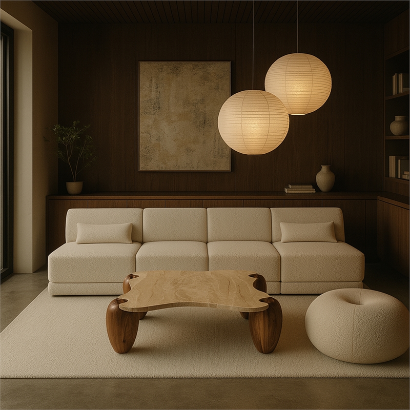 Meridian Furniture Liona Beige Marble And Acacia Wood Coffee Table