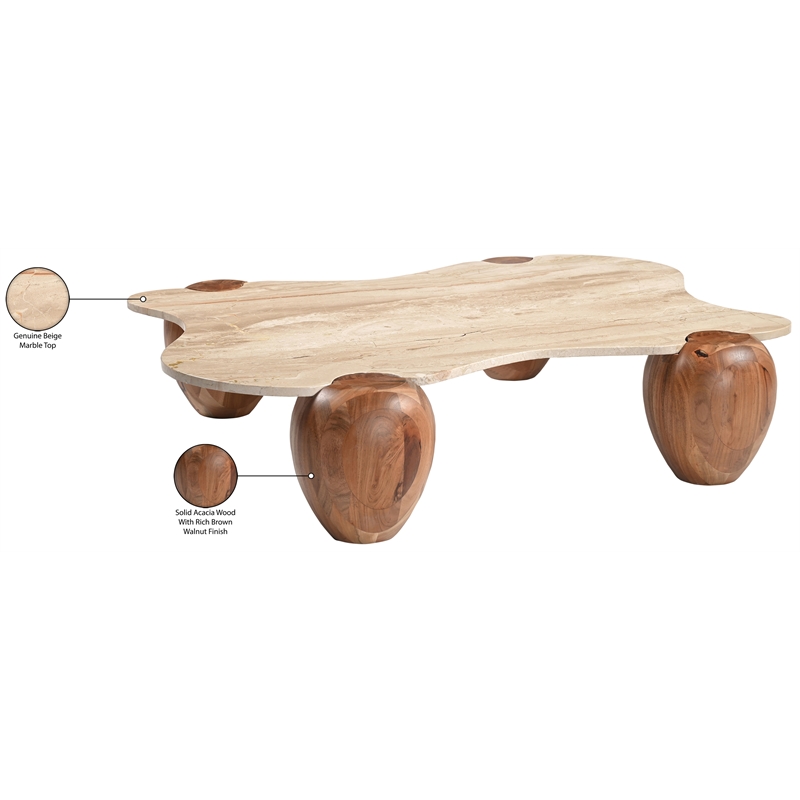 Meridian Furniture Liona Beige Marble And Acacia Wood Coffee Table