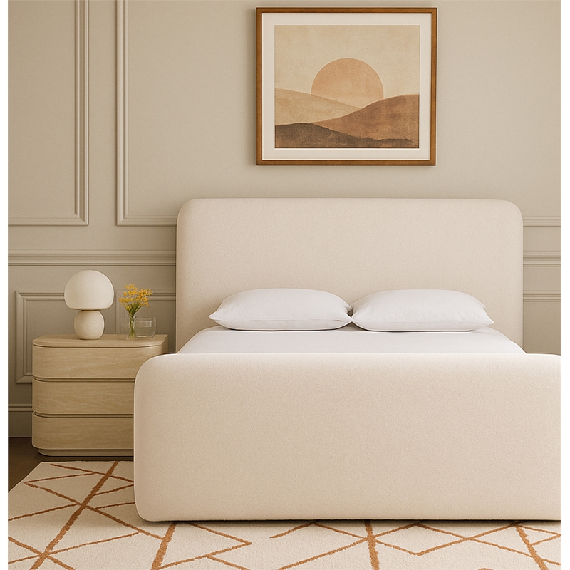 Meridian Furniture Fira Cream Chenille Fabric Queen Bed