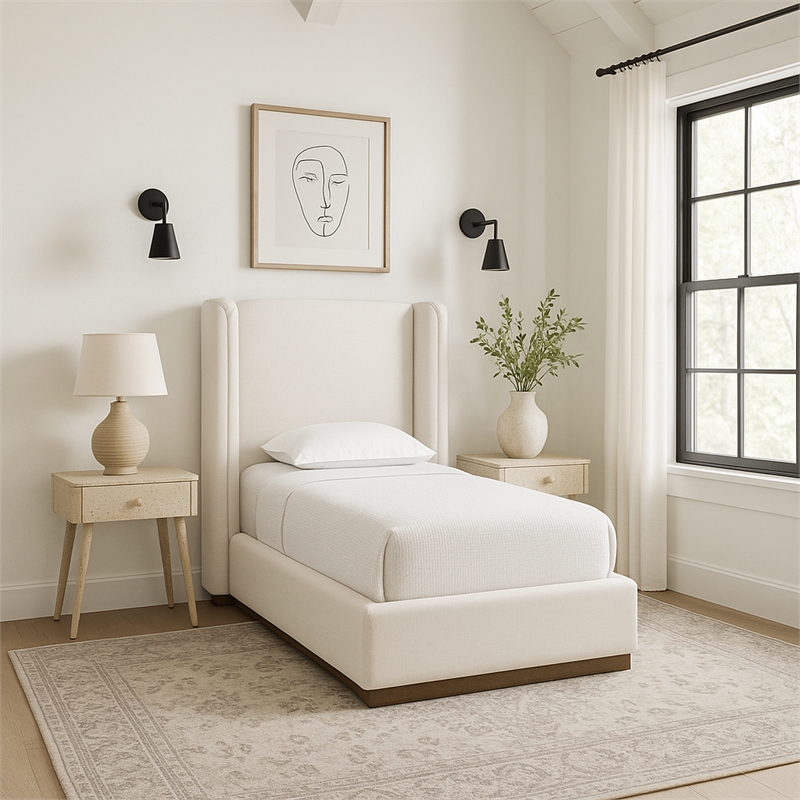 Meridian Furniture Solange Cream Linen Textured Fabric Upholstered Twin Bed