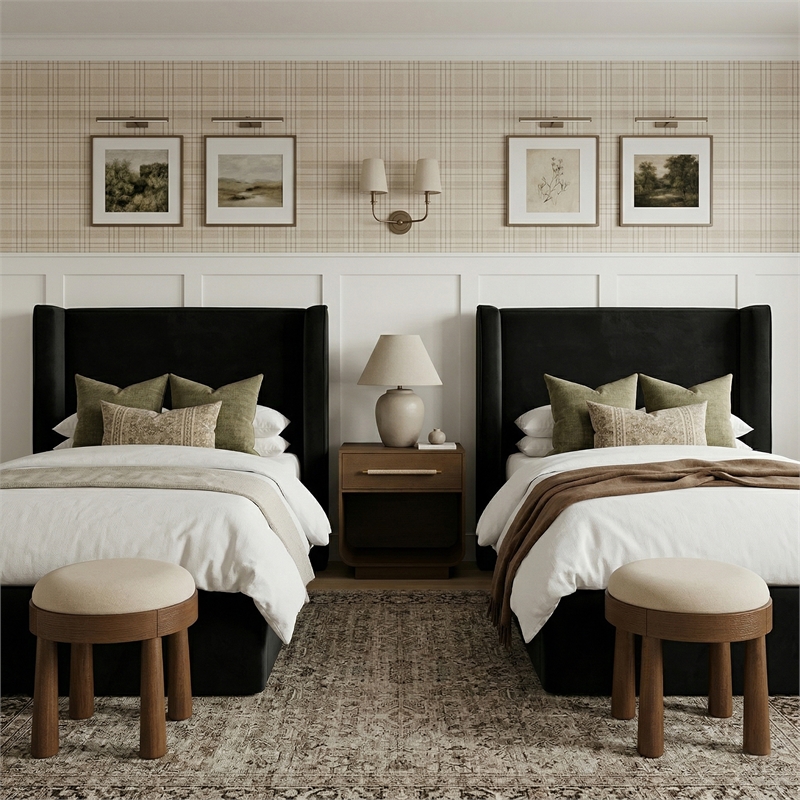 Meridian Furniture Kendall Black Velvet Upholstered Twin Bed