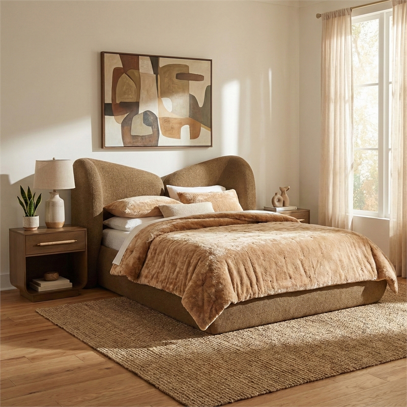 Meridian Furniture Elowen Brown Chenille Fabric Upholstered Queen Bed