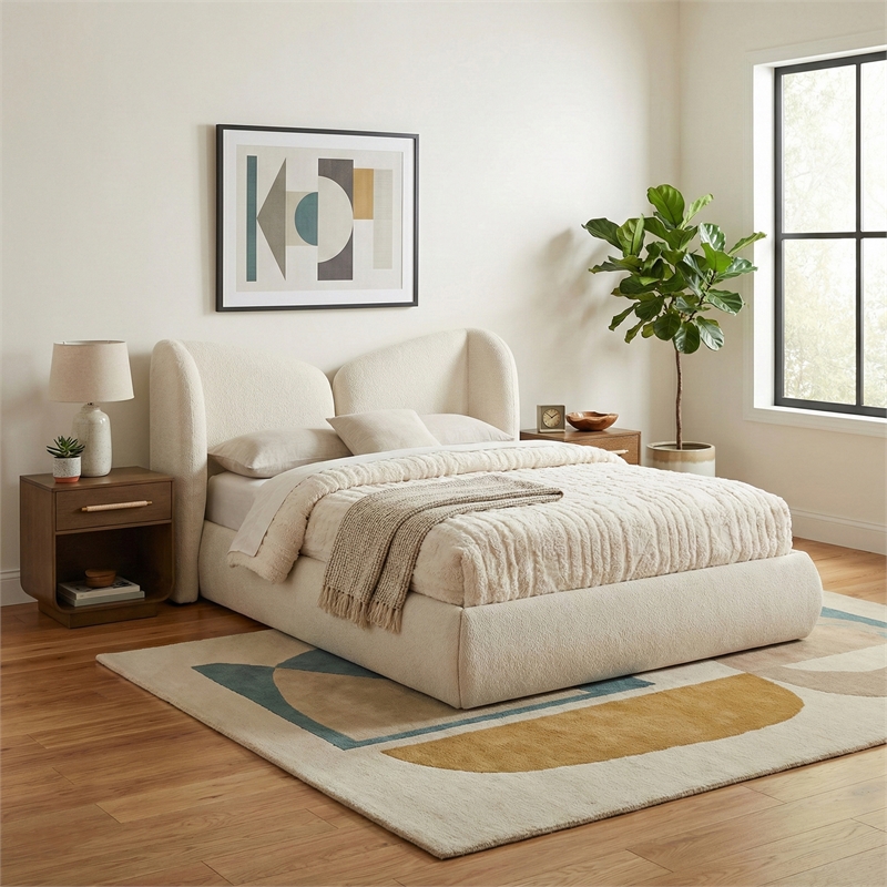 Meridian Furniture Elowen Cream Chenille Fabric Upholstered King Bed