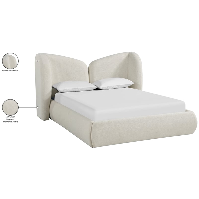 Meridian Furniture Elowen Cream Chenille Fabric Upholstered Queen Bed