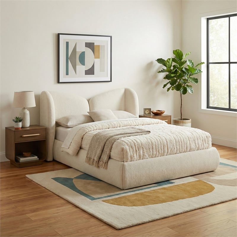 Meridian Furniture Elowen Cream Chenille Fabric Upholstered Queen Bed