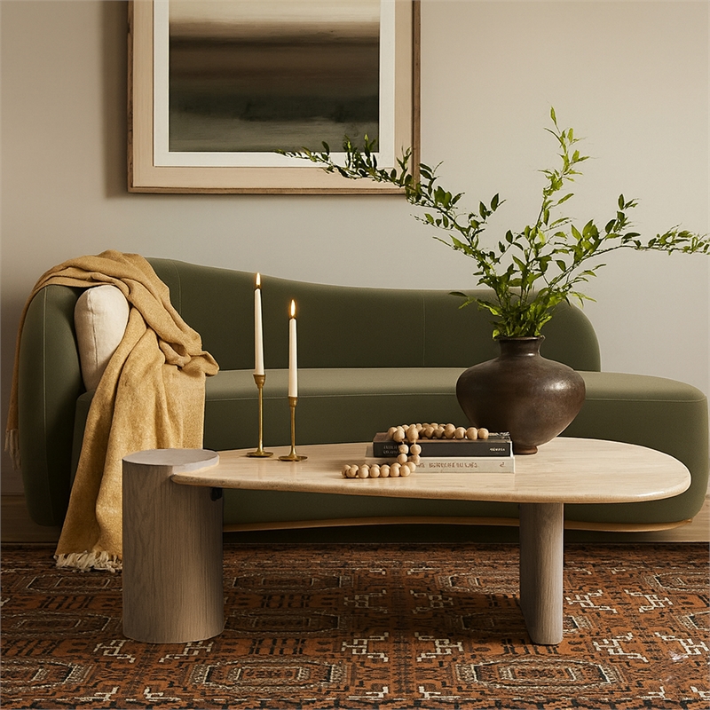 Meridian Furniture Taverna Natural Travertine Top And Oak Wood Base Coffee Table