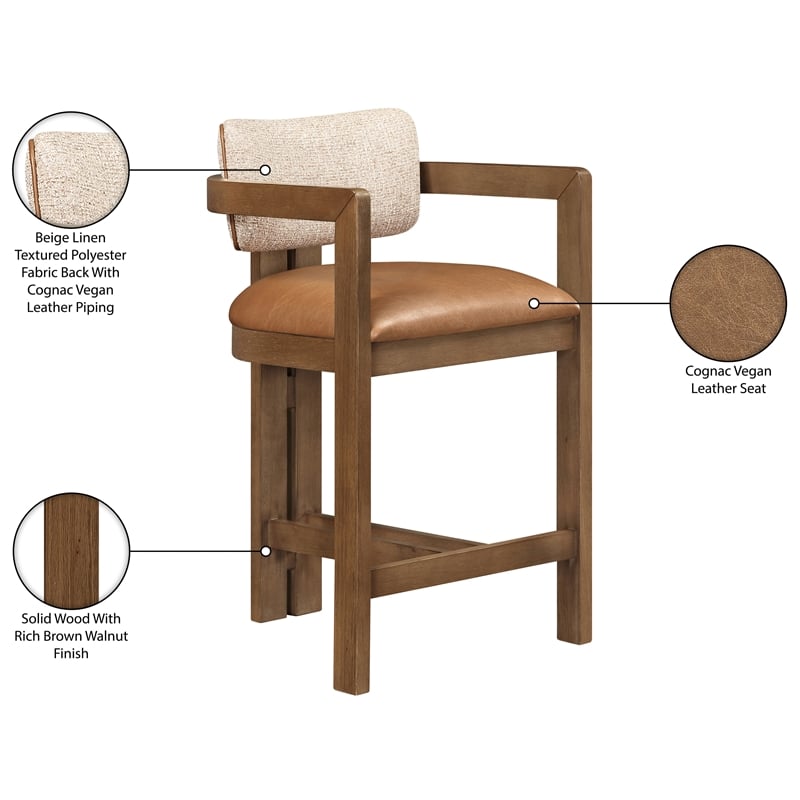 Meridian Furniture Ravina Cognac Vegan Leather and Linen Textured Counter Stool