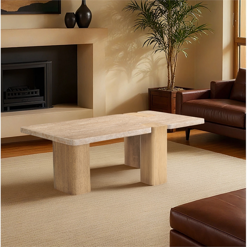 Meridian Furniture Ravenna Natural Genuine Travertine and Oak Wood Coffee Table