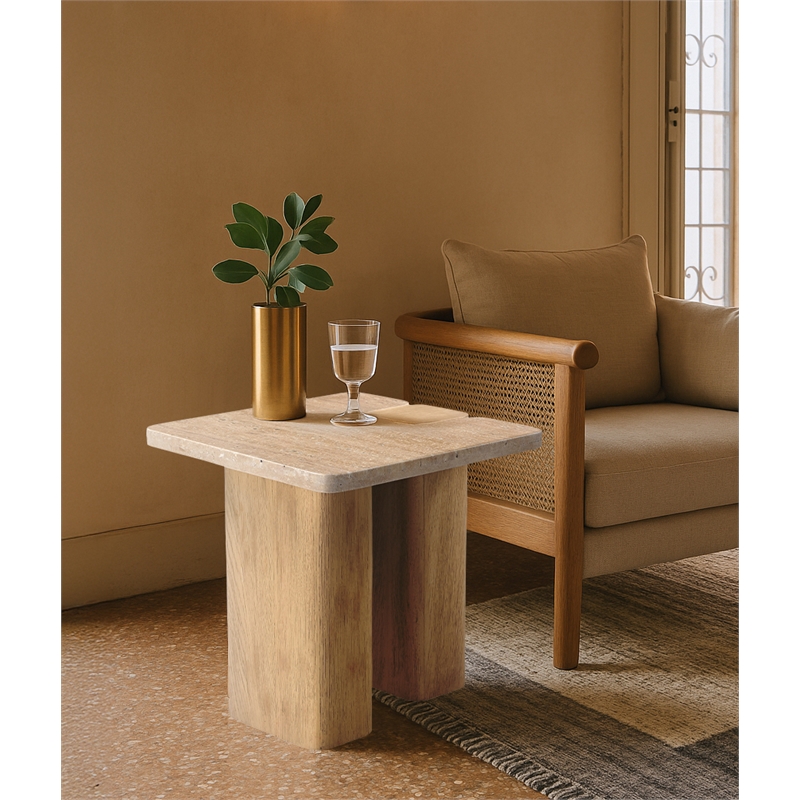 Meridian Furniture Ravenna Natural Genuine Travertine and Oak Wood End Table