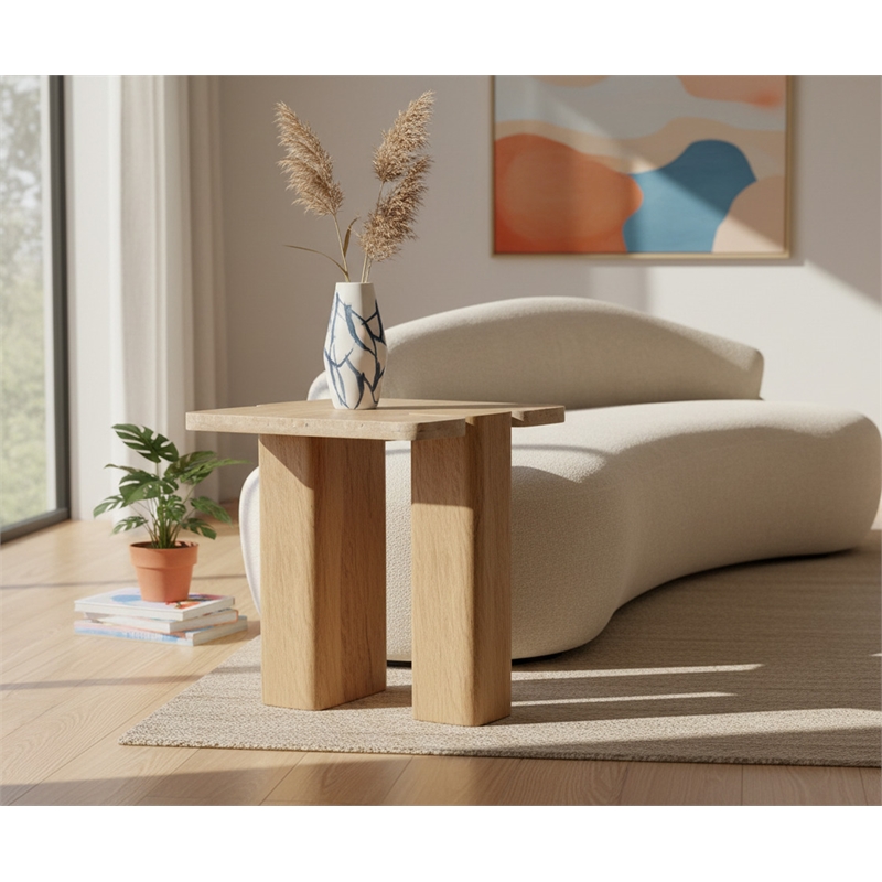 Meridian Furniture Ravenna Natural Genuine Travertine and Oak Wood End Table