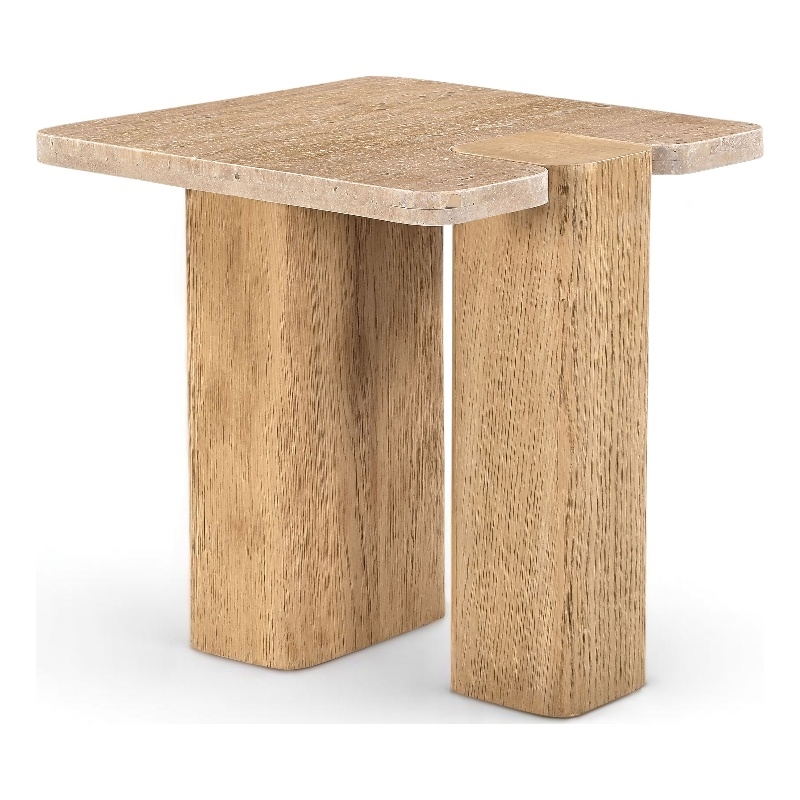 Meridian Furniture Ravenna Natural Genuine Travertine and Oak Wood End Table