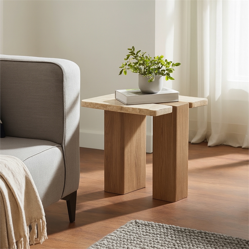 Meridian Furniture Ravenna Natural Genuine Travertine and Oak Wood End Table