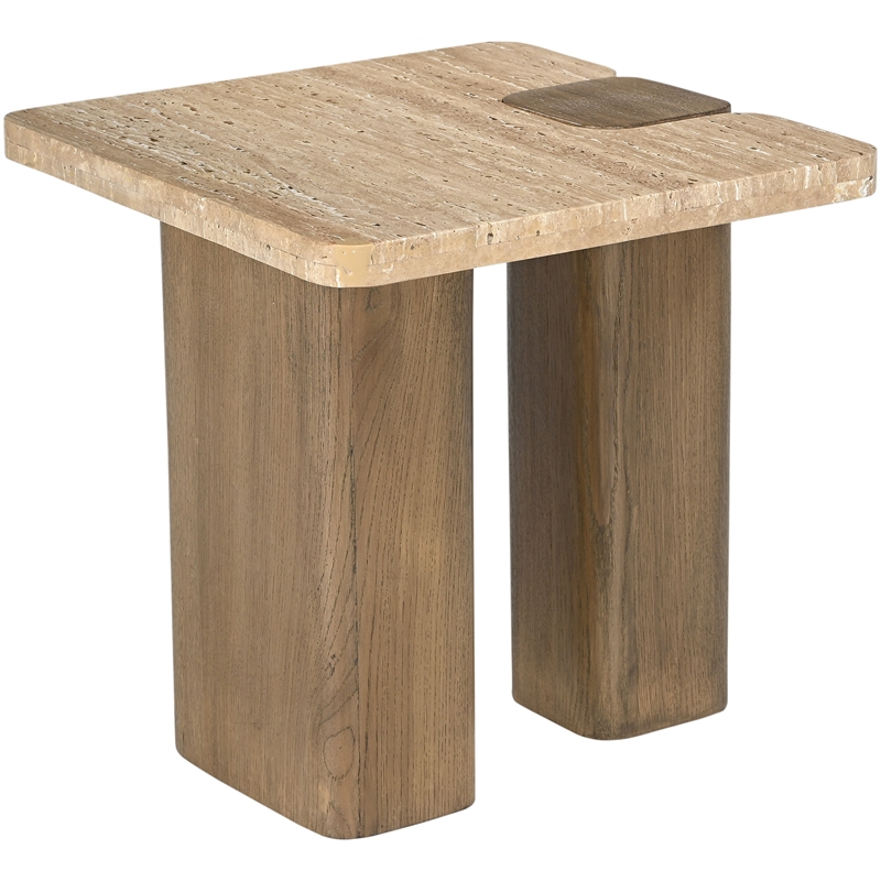 Meridian Furniture Ravenna Natural Genuine Travertine and Oak Wood End Table