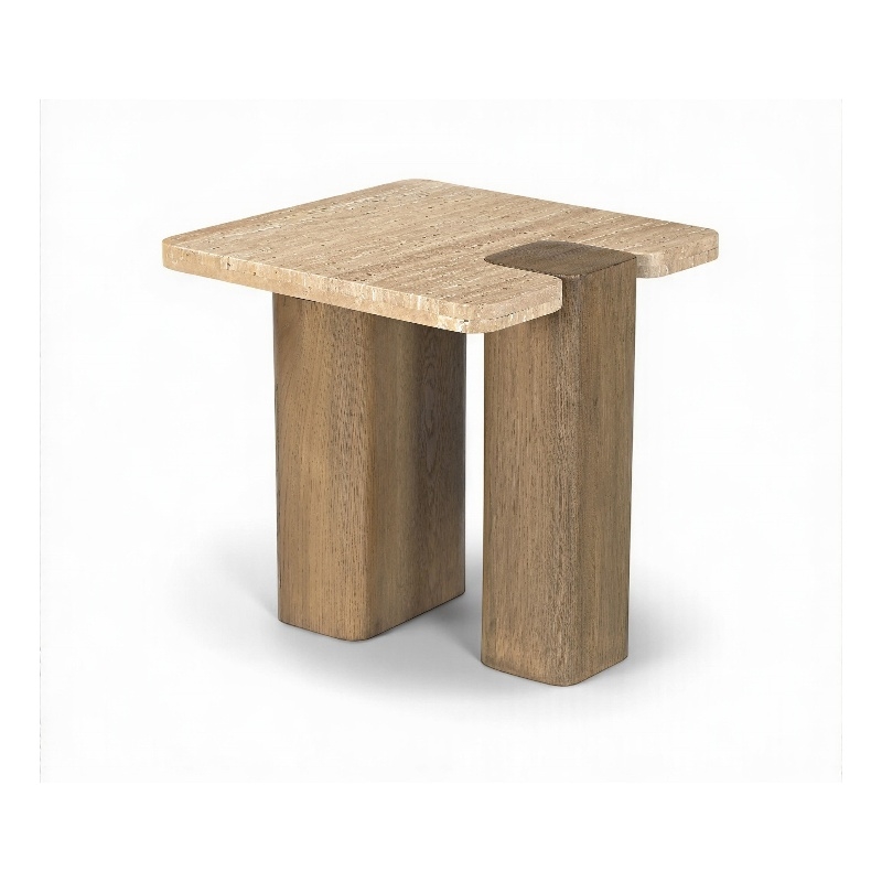 Meridian Furniture Ravenna Natural Genuine Travertine and Oak Wood End Table
