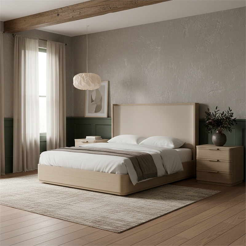 Meridian Furniture Tiberio Natural / Cream Linen Textured Fabric Queen Bed